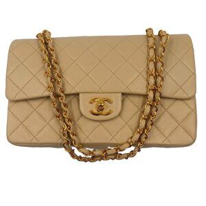Authentic CHANEL Classic Lambskin Double Flap Medium Shoulder Bag - Beige GHW